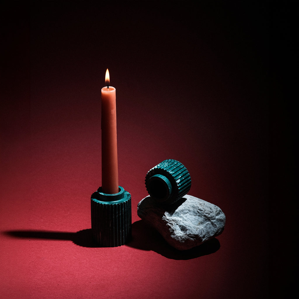 Kuro Design Seki Candle Holder in grey stone — ribbed Jesmonite candle stand India