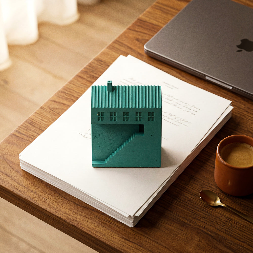 Kaidan Paperweight by Kuro Design, Jesmonite house with a diagonal staircase and open cutout, Architecture Series