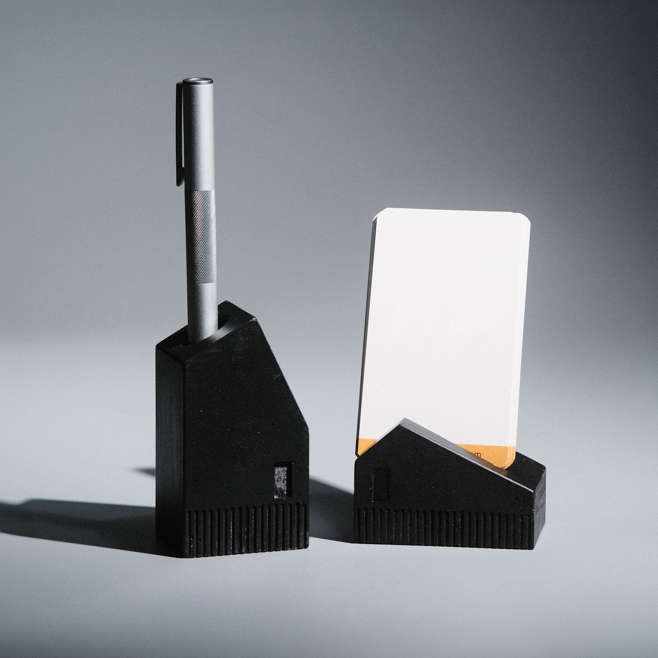 Koya Pen and Card Stand set styled on a desk, handcrafted Jesmonite pen holder and card holder by Kuro Design India