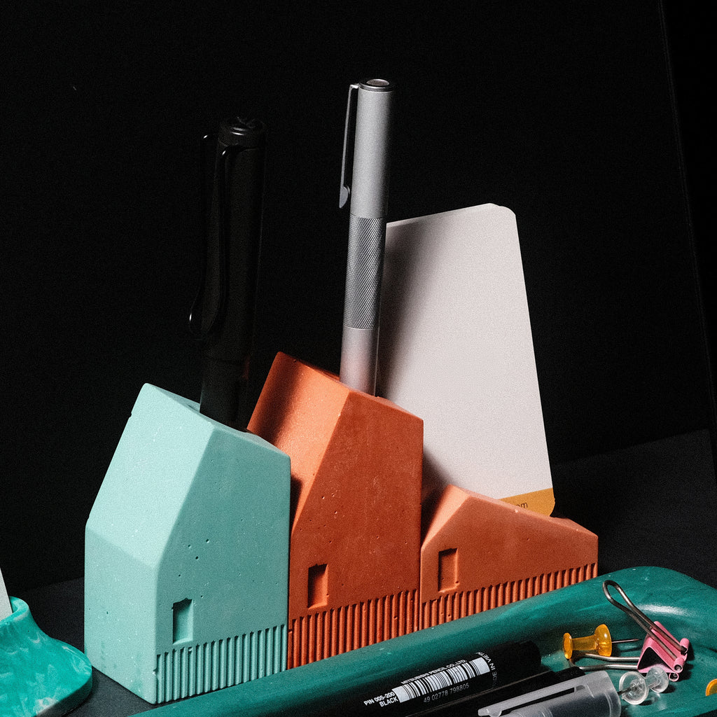 Kuro Design Koya Pen Stand in terracotta, a handcrafted Jesmonite pen holder shaped like a small house, Architecture Series