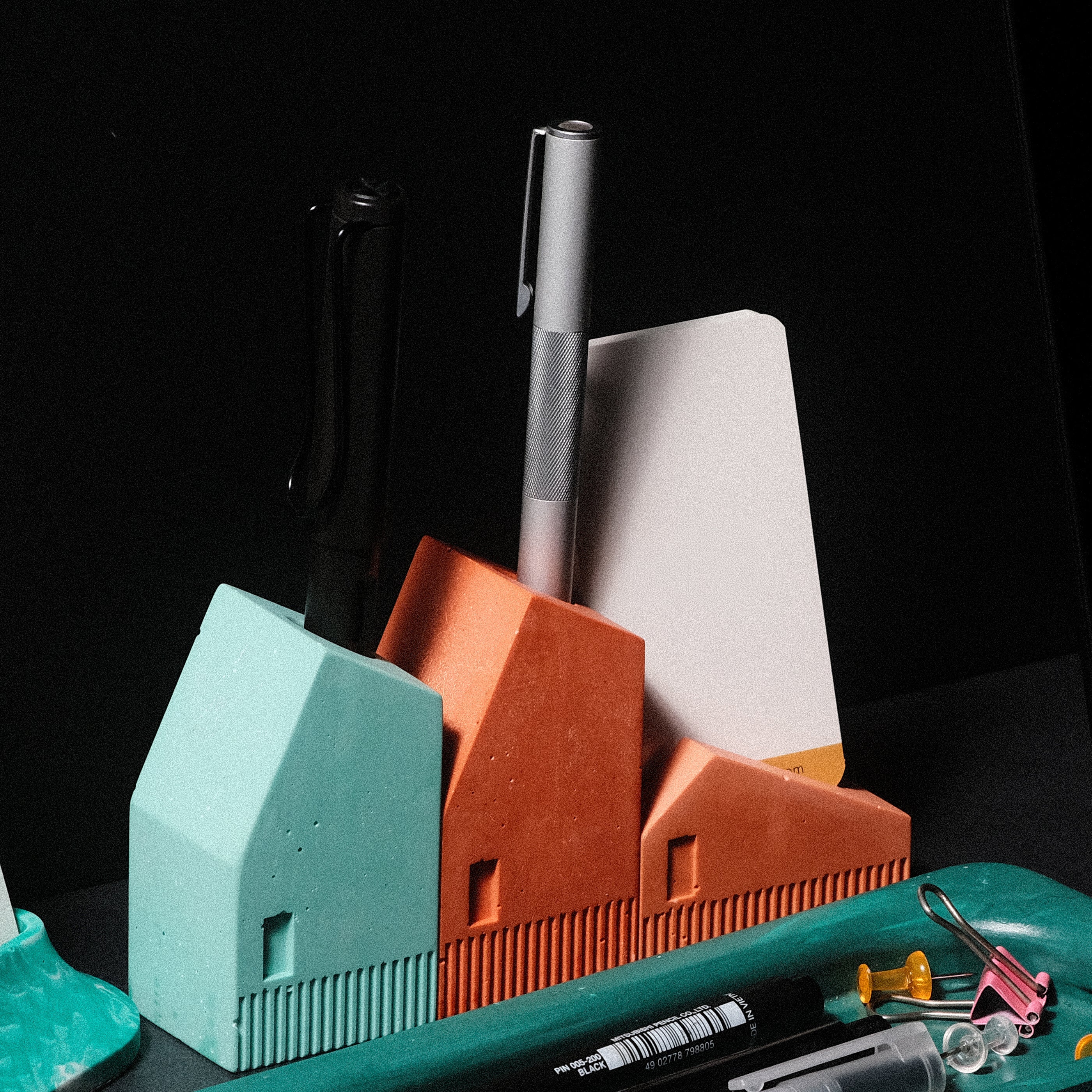 Kuro Design Koya Pen Stand in terracotta, a handcrafted Jesmonite pen holder shaped like a small house, Architecture Series