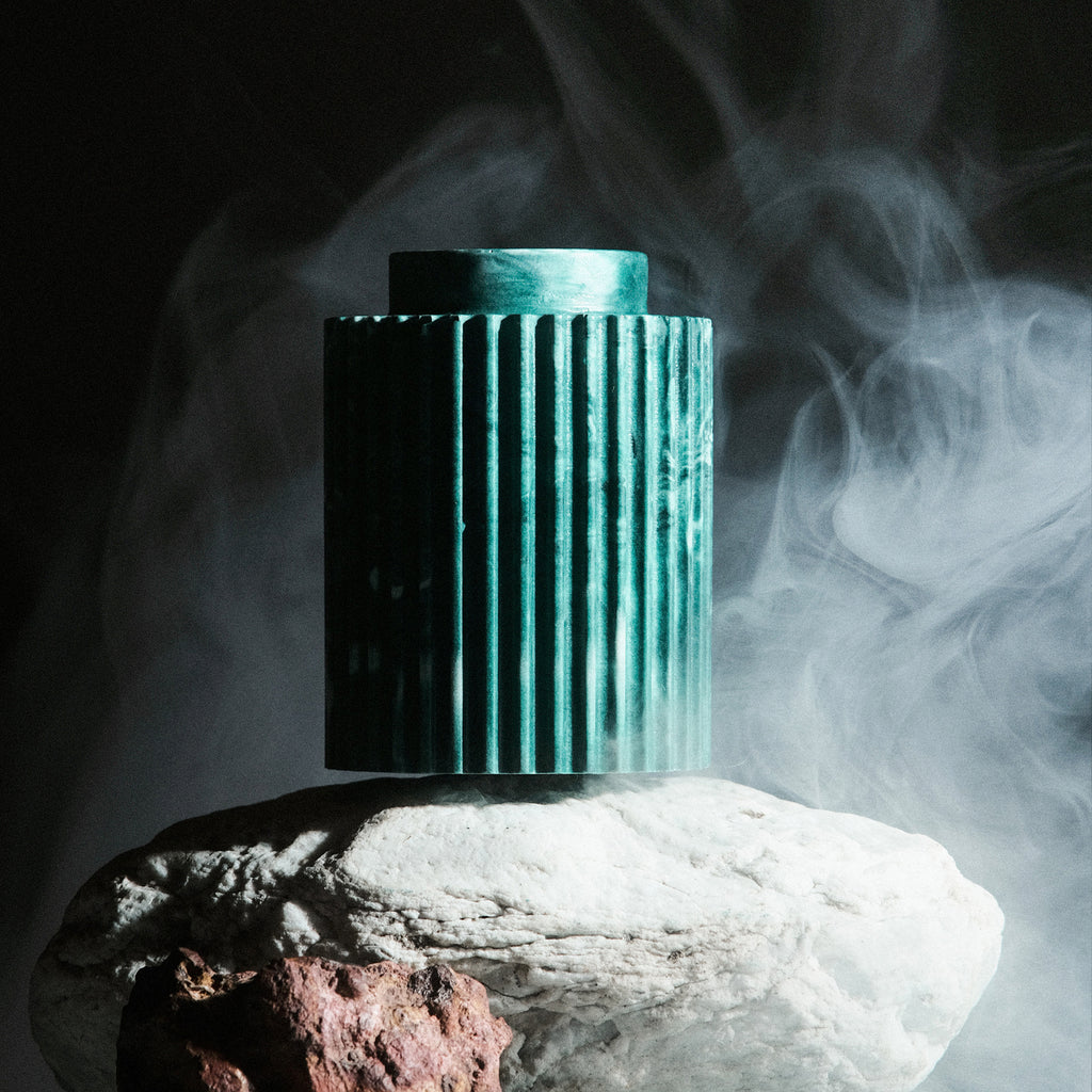 Seki Candle Holder showing ribbed Jesmonite texture close up — Kuro Design India